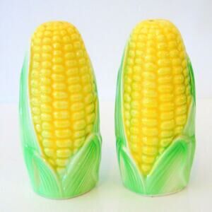 Corn On Cob Salt & Pepper Shakers 4" Porcelain Vintage Yellow Corn Husks Green